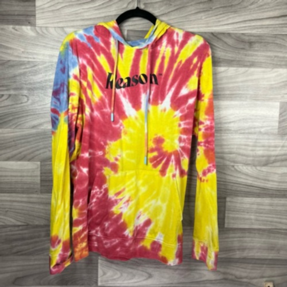 Reason Womens Hoodie Sweatshirt Yellow Pink Tie Dye Kangaroo Pocket Drawstring S